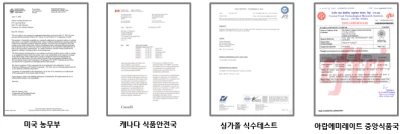 하이코틱 전 제품의 식수 및 식품시설 사용 친환경인증서 4종 — 미국 농무부, 캐나다 식용안전국, 싱가폴 식수테스트, 아랍에미레이드 중앙실험국