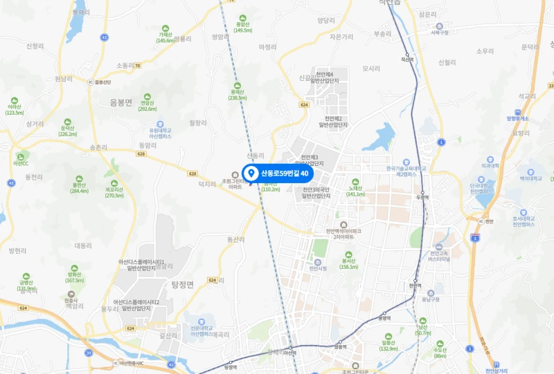 하이코틱 천안공장 약도 — 충남 아산시 음봉면 산동로59번길 40 위치 표시