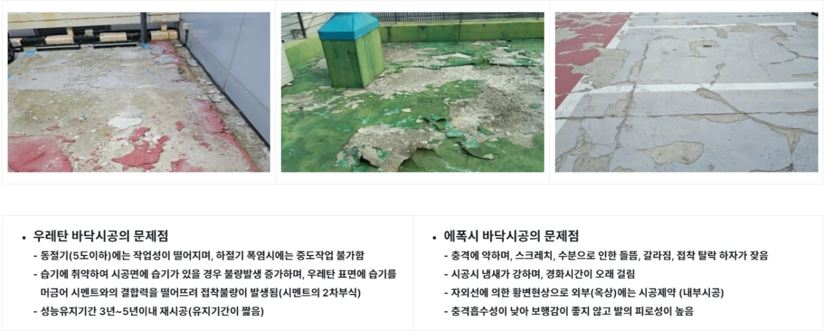들뜸·갈라짐·박리가 발생한 우레탄과 에폭시 바닥 하자 현장 사진과 문제점 정리